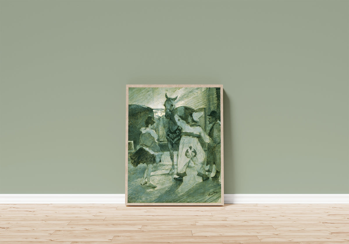 Framed art print of In the Wings at the Circus by Henri de Toulouse-Lautrec, in a light wood frame leaning on a sage green wall above a wooden floor