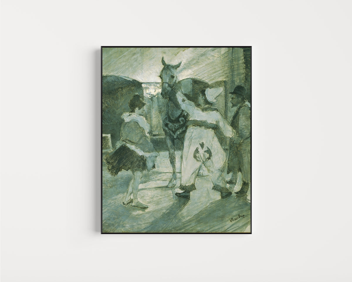 Framed art print of In the Wings at the Circus by Henri de Toulouse-Lautrec, in a slim black frame on a plain white wall