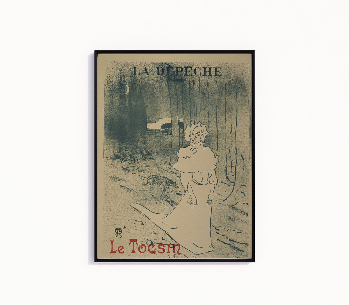 Framed art print of La Dépêche: Le Tocsin by Henri de Toulouse-Lautrec, in a slim black frame on a plain white wall