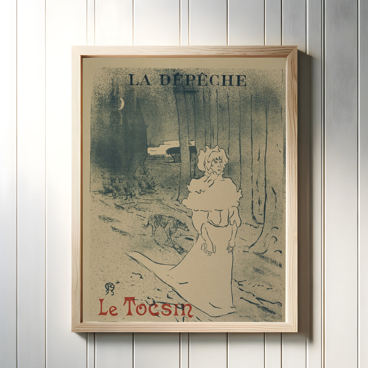 Framed art print of La Dépêche: Le Tocsin by Henri de Toulouse-Lautrec, in a light wood frame on a white panelled wall