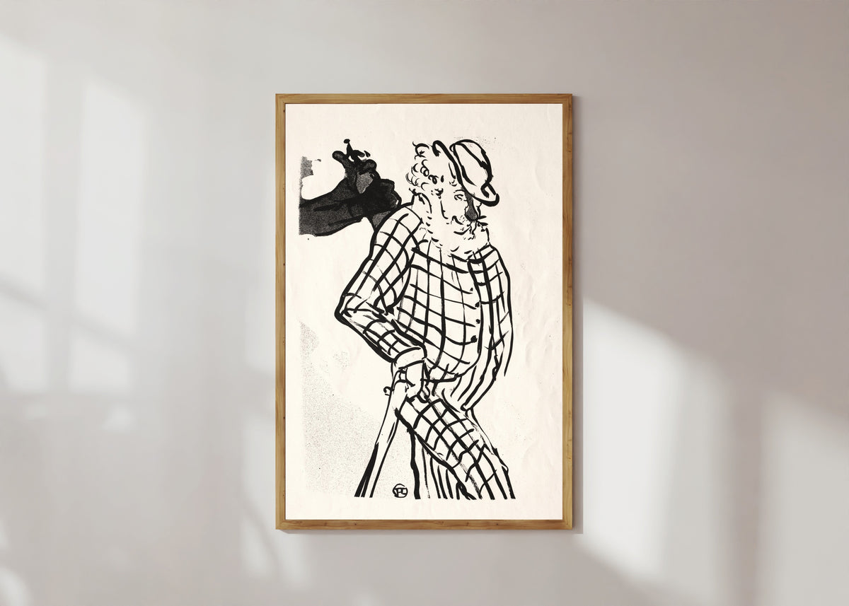 Framed art print of Le Café-Concert: American Singer by Henri de Toulouse-Lautrec, in a light wood frame on a sunlit white wall