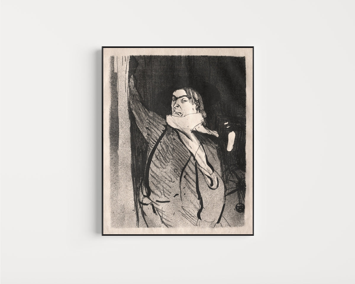 Framed art print of Le Café-Concert: Aristide Bruant by Henri de Toulouse-Lautrec, in a slim black frame on a plain white wall