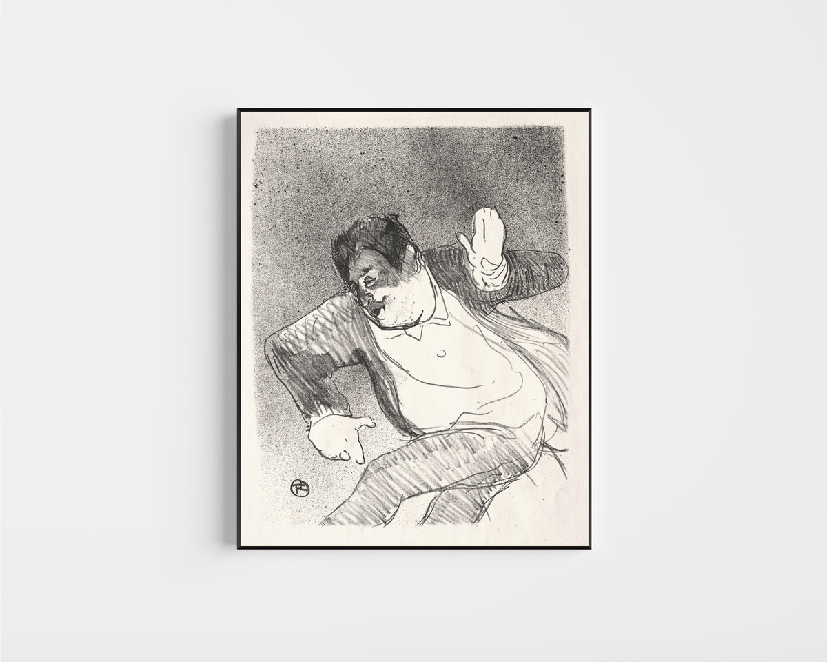 Framed art print of Le Café-Concert: Caudieux by Henri de Toulouse-Lautrec, in a slim black frame on a plain white wall
