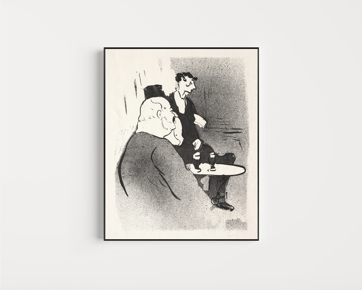 Framed art print of Le Café-Concert: Ducarre aux Ambassadeurs by Henri de Toulouse-Lautrec, in a slim black frame on a plain white wall