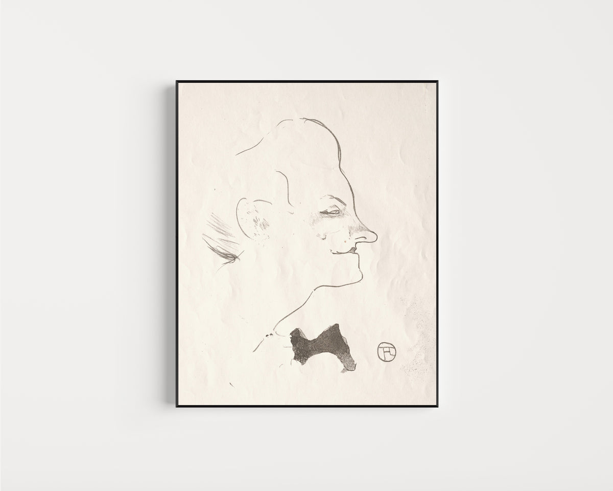 Framed art print of Le Café-Concert: Yvette Guilbert by Henri de Toulouse-Lautrec, in a slim black frame on a plain white wall