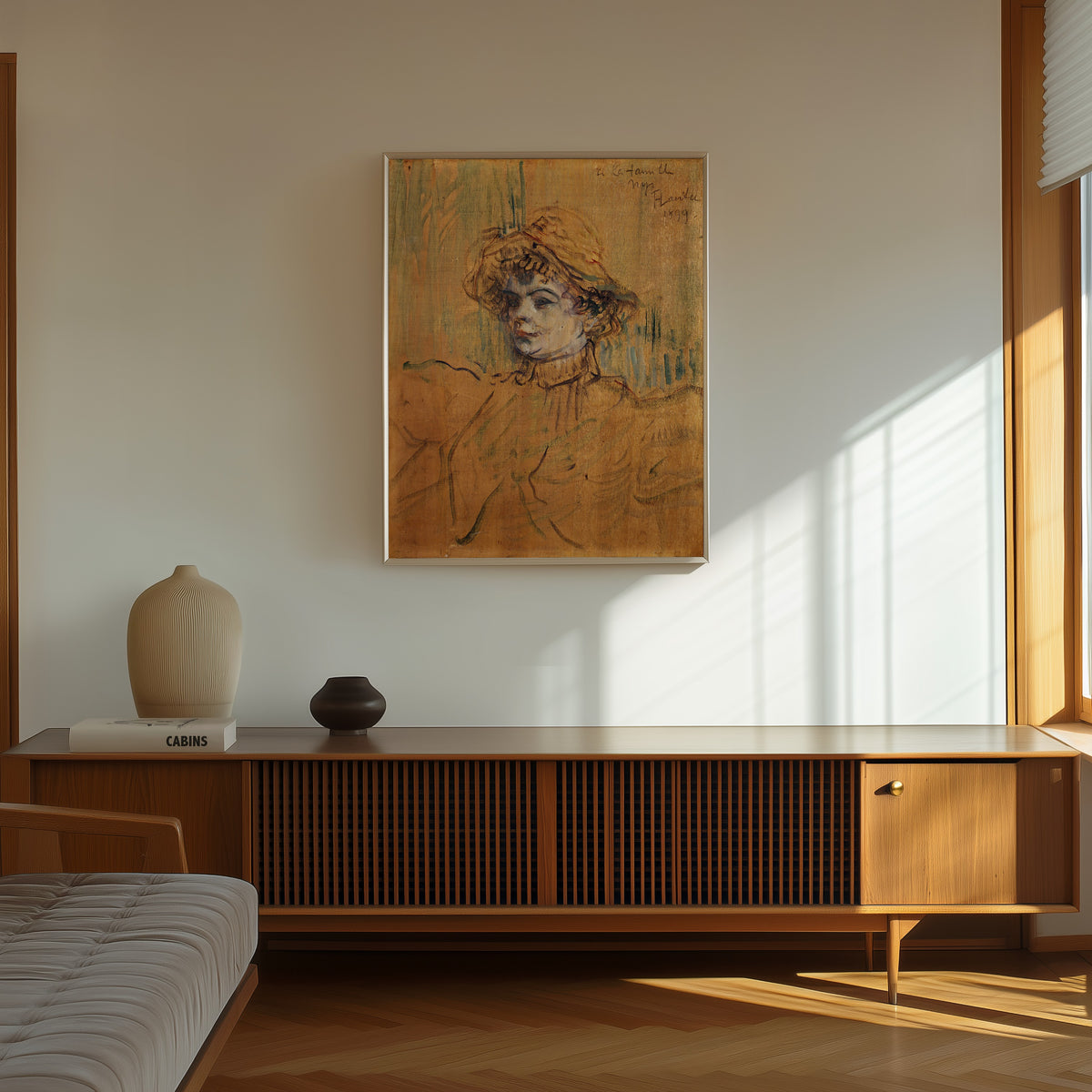 Framed art print of Mademoiselle Nys by Henri de Toulouse-Lautrec, in a thin light frame on a sunlit wall above a wooden sideboard