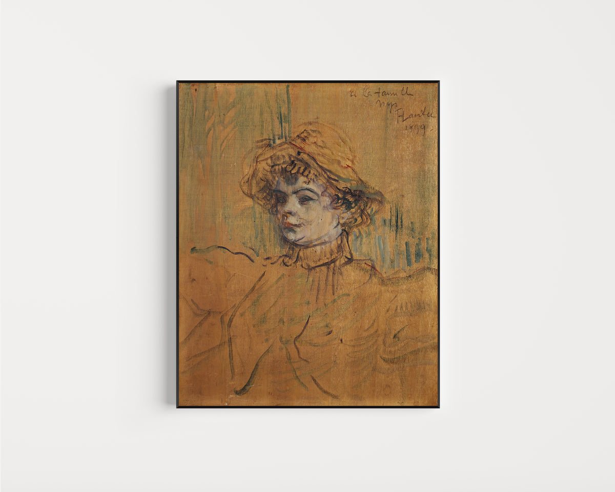 Framed art print of Mademoiselle Nys by Henri de Toulouse-Lautrec, in a slim black frame on a plain white wall