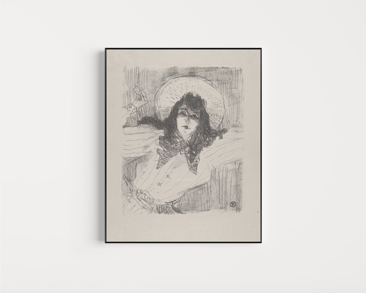 Framed art print of May Belfort (Bust Portrait) by Henri de Toulouse-Lautrec, in a slim black frame on a plain white wall
