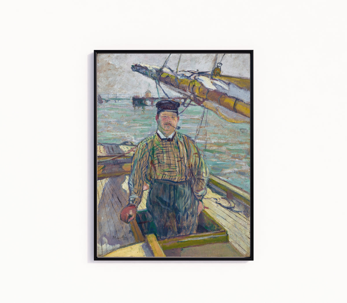 Framed art print of Monsieur Emile Davoust by Henri de Toulouse-Lautrec, in a slim black frame on a plain white wall
