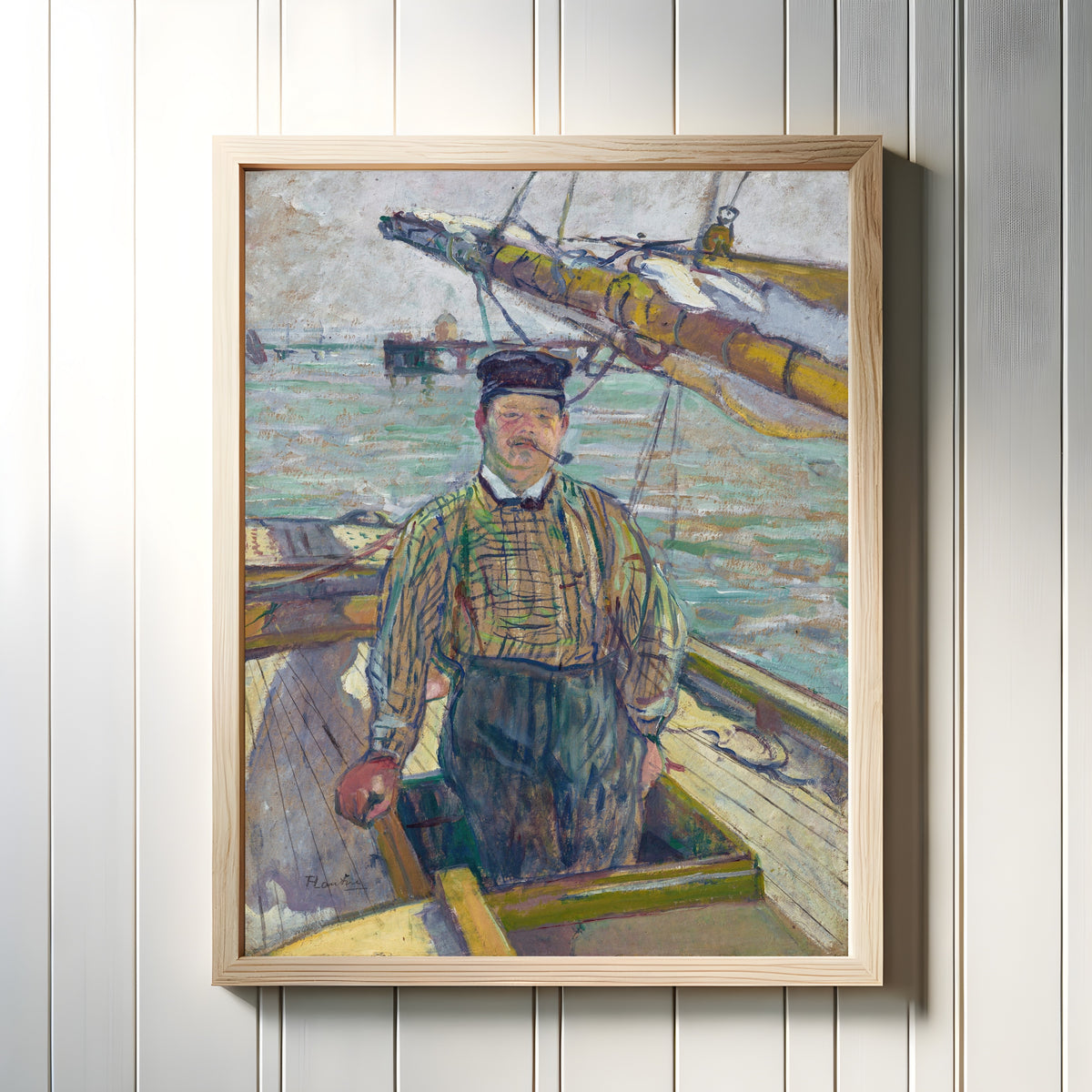 Framed art print of Monsieur Emile Davoust by Henri de Toulouse-Lautrec, in a light wood frame on a white panelled wall