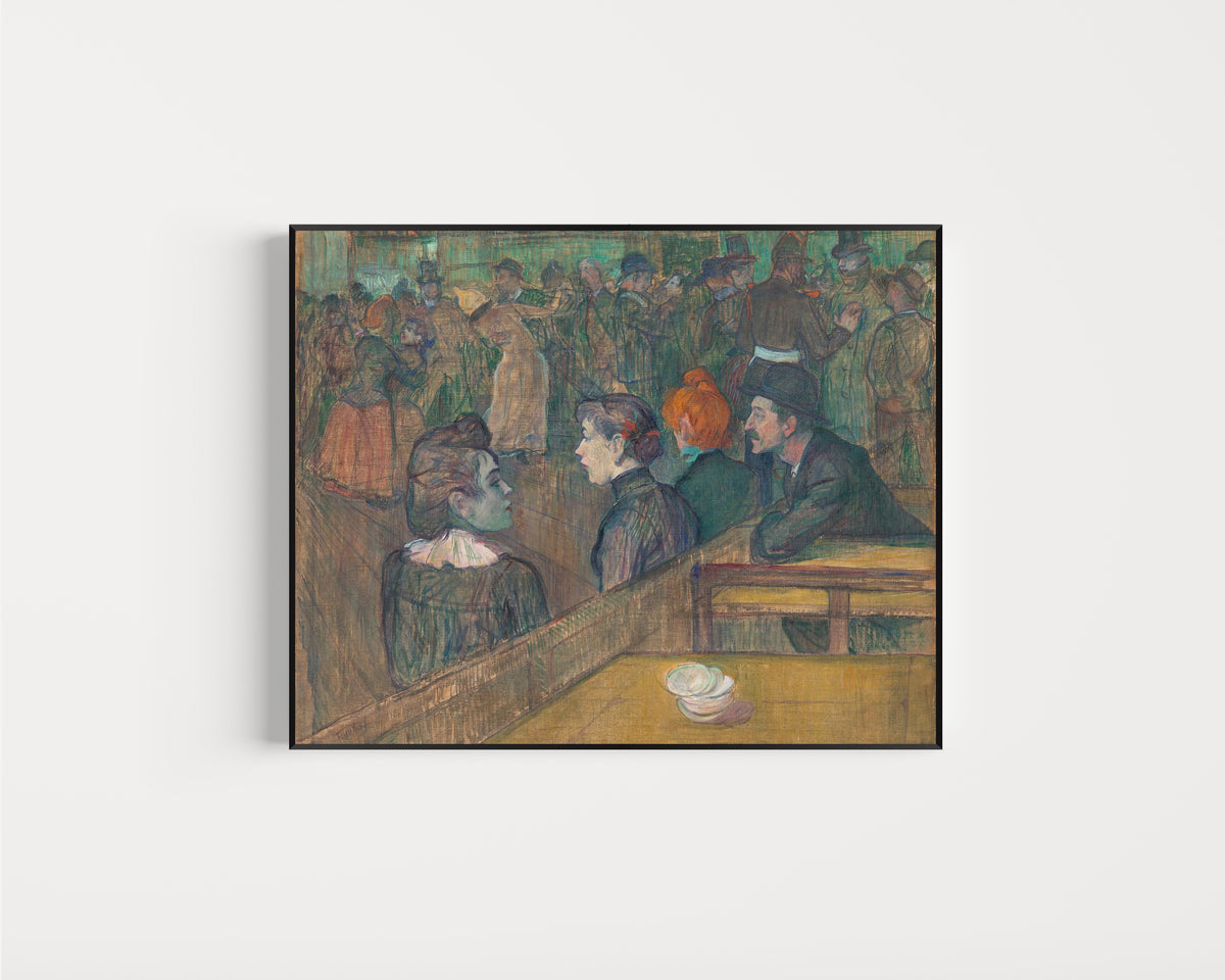 Framed art print of Moulin de la Galette by Henri de Toulouse-Lautrec, in a slim black frame on a plain white wall