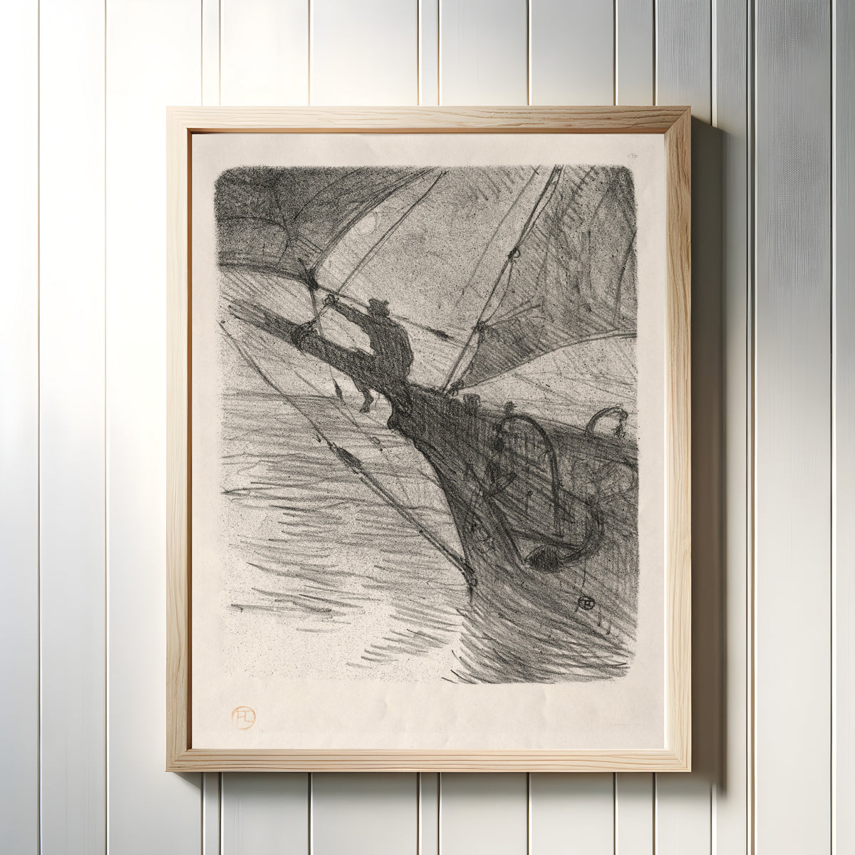 Framed art print of Oceano Nox by Henri de Toulouse-Lautrec, in a light wood frame on a white panelled wall