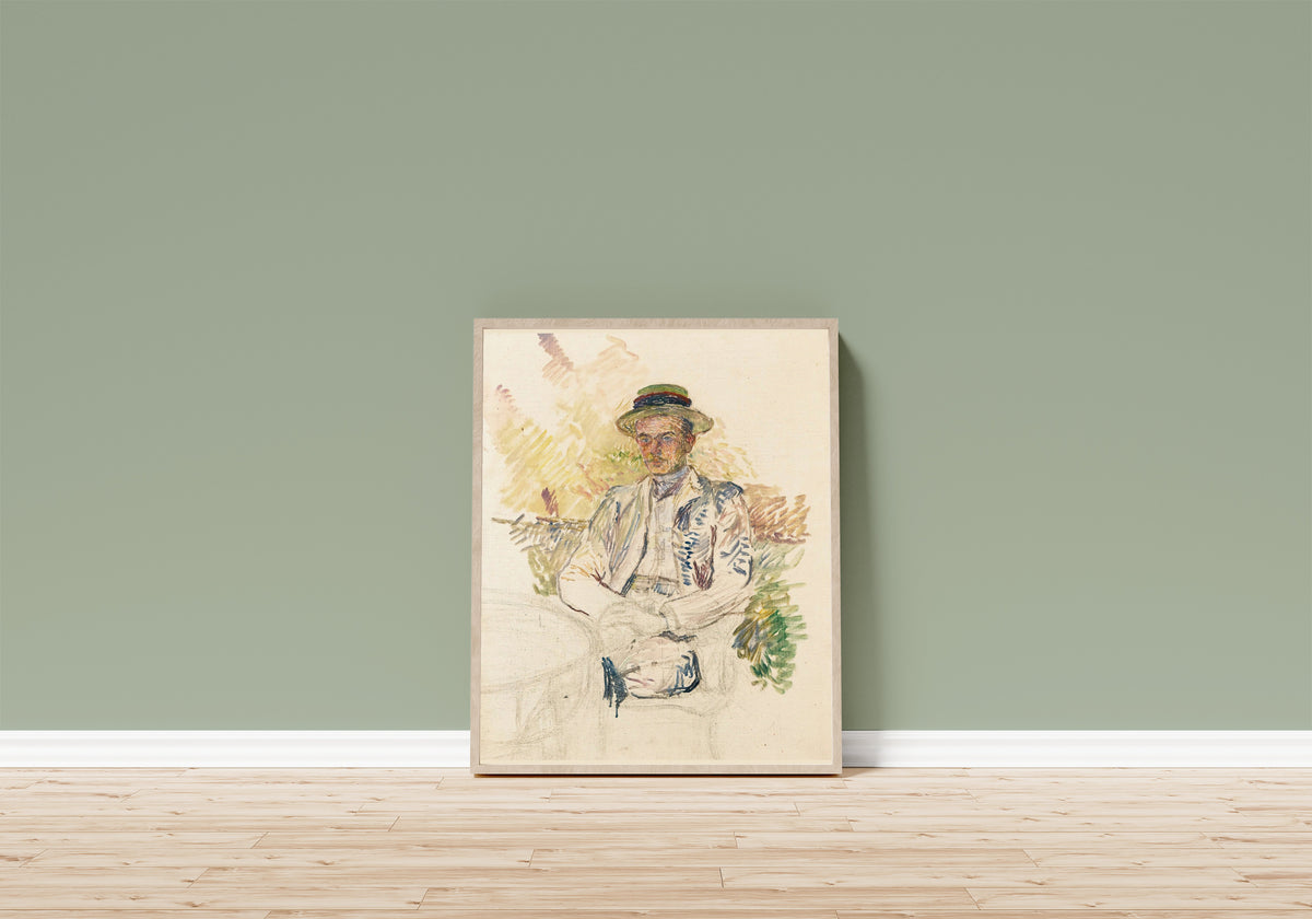 Framed art print of Portrait of Louis Pascal by Henri de Toulouse-Lautrec, in a light wood frame leaning on a sage green wall above a wooden floor