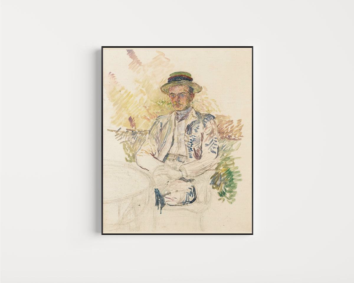 Framed art print of Portrait of Louis Pascal by Henri de Toulouse-Lautrec, in a slim black frame on a plain white wall