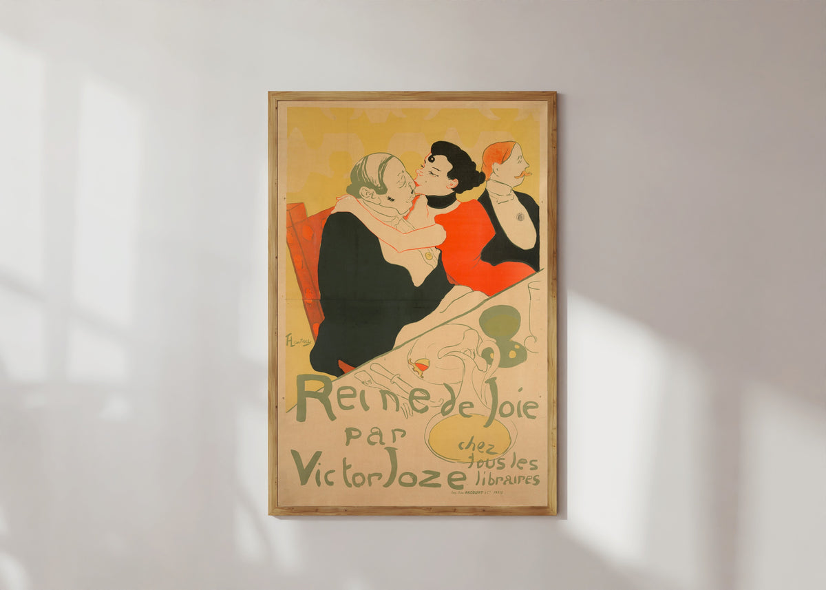 Framed art print of Reine de Joie by Henri de Toulouse-Lautrec, in a light wood frame on a sunlit white wall