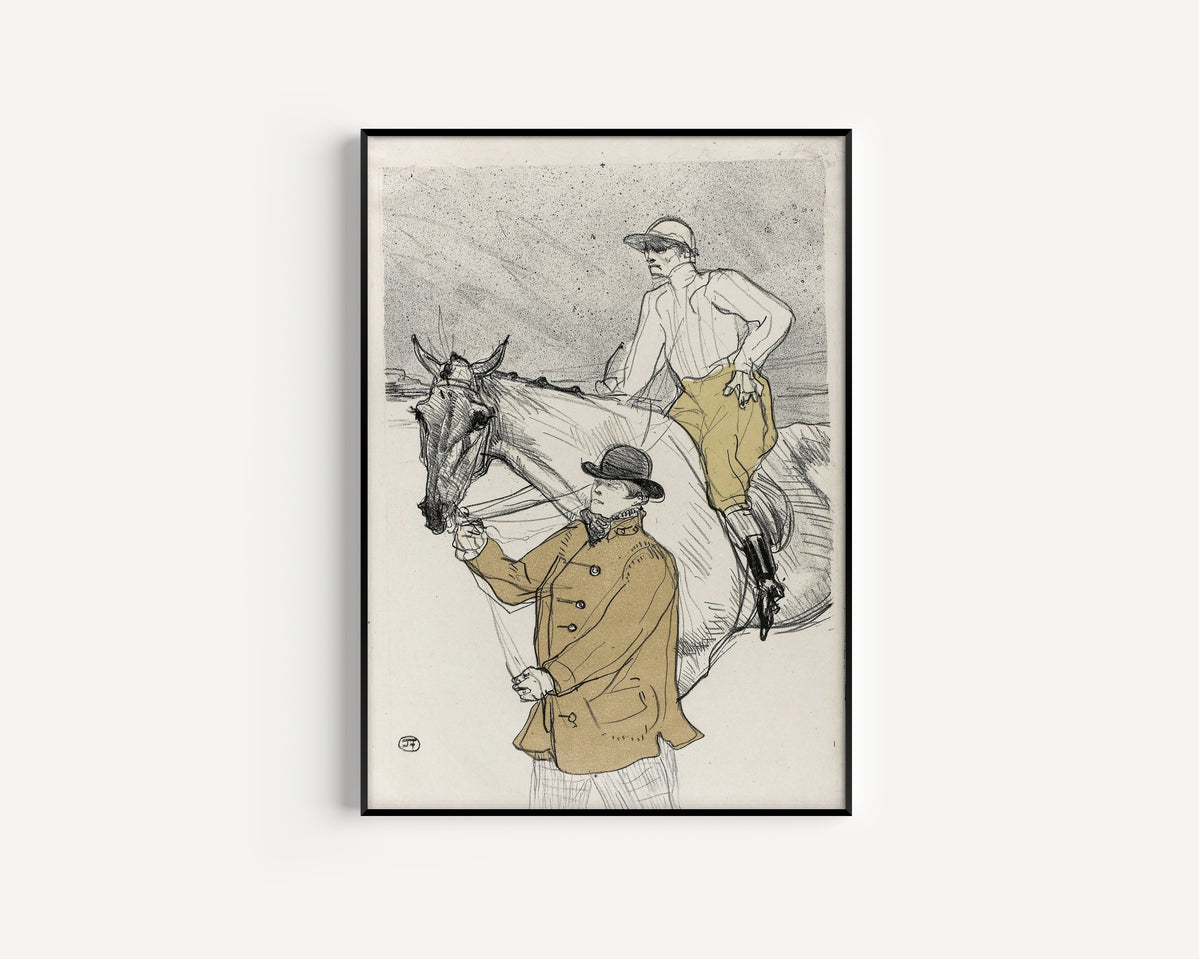 Framed art print of The Jockey Going to the Post by Henri de Toulouse-Lautrec, in a slim black frame on a plain white wall