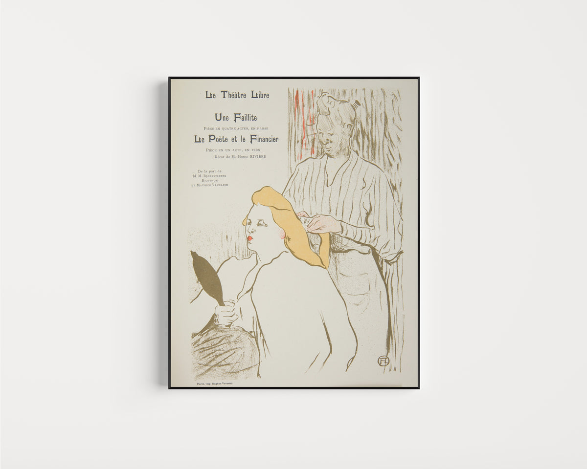 Framed art print of Une Faillite (Théâtre Libre Programme) by Henri de Toulouse-Lautrec, in a slim black frame on a plain white wall
