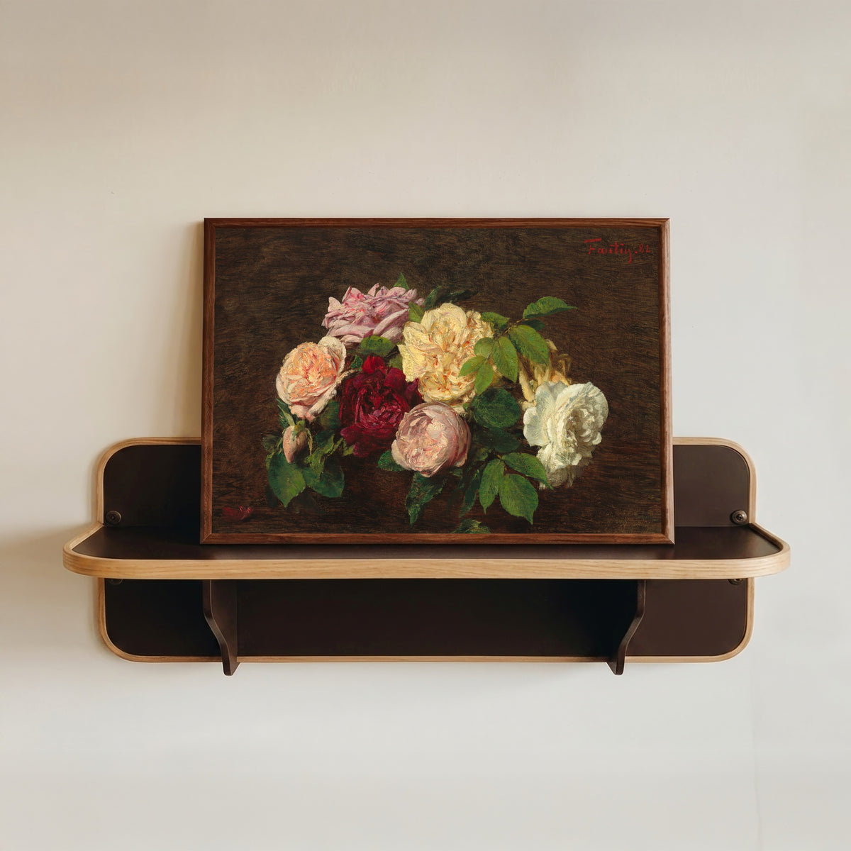 Framed art print of Roses de Nice on a Table by Henri Fantin-Latour, in a dark wood frame resting on a wall shelf