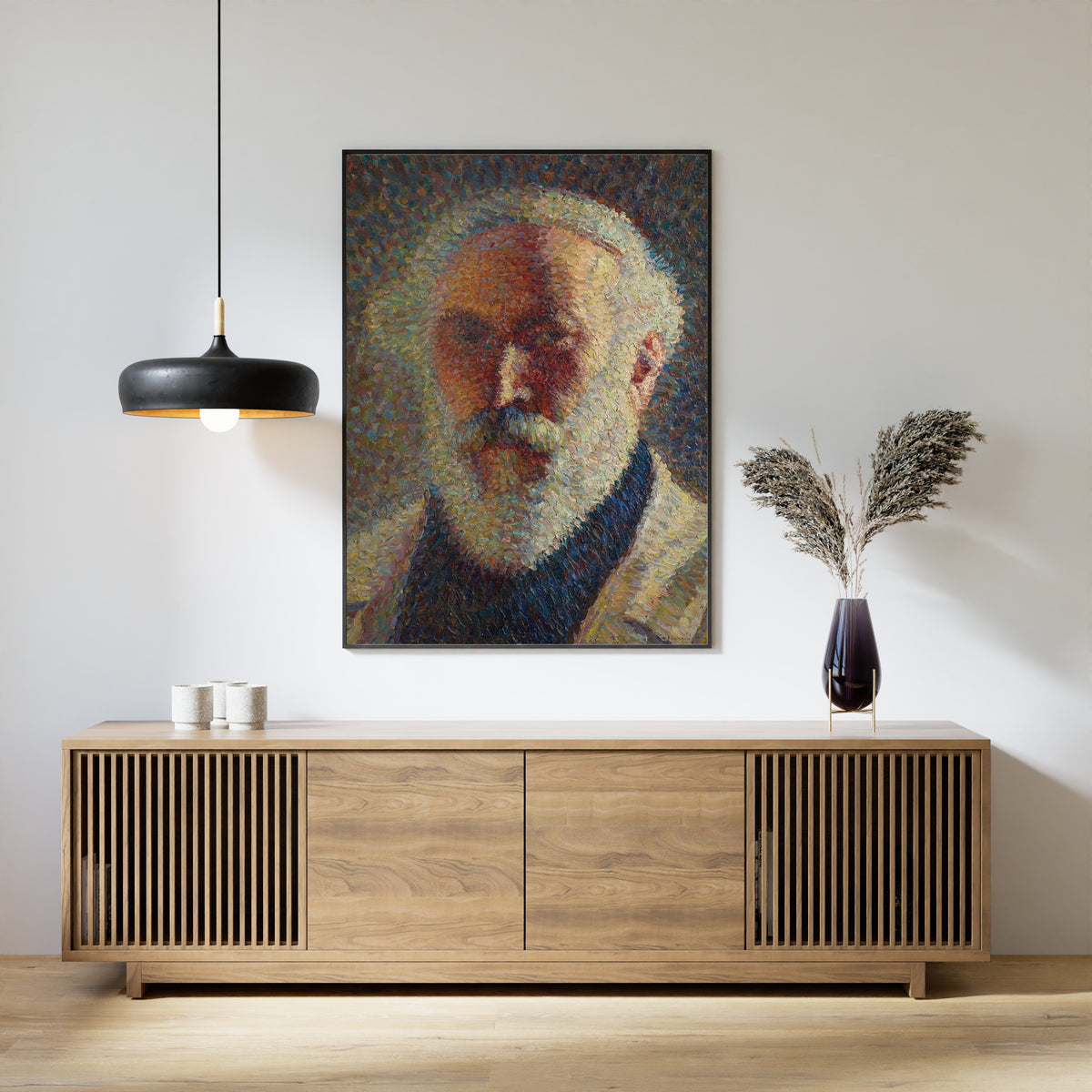 Framed art print of Autoportrait à la barbe blanche by Henri Martin, above a slatted wood sideboard