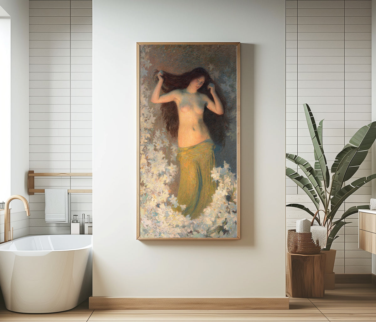 Framed art print of Beauté by Henri Martin, in a bathroom beside a freestanding tub