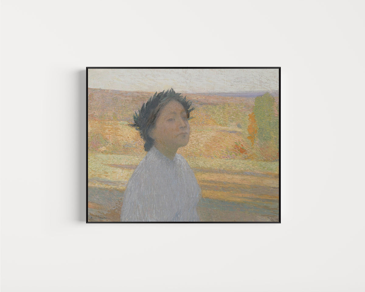 Framed art print of Buste de jeune fille avec une couronne de laurier by Henri Martin, in a slim black frame on a plain white wall