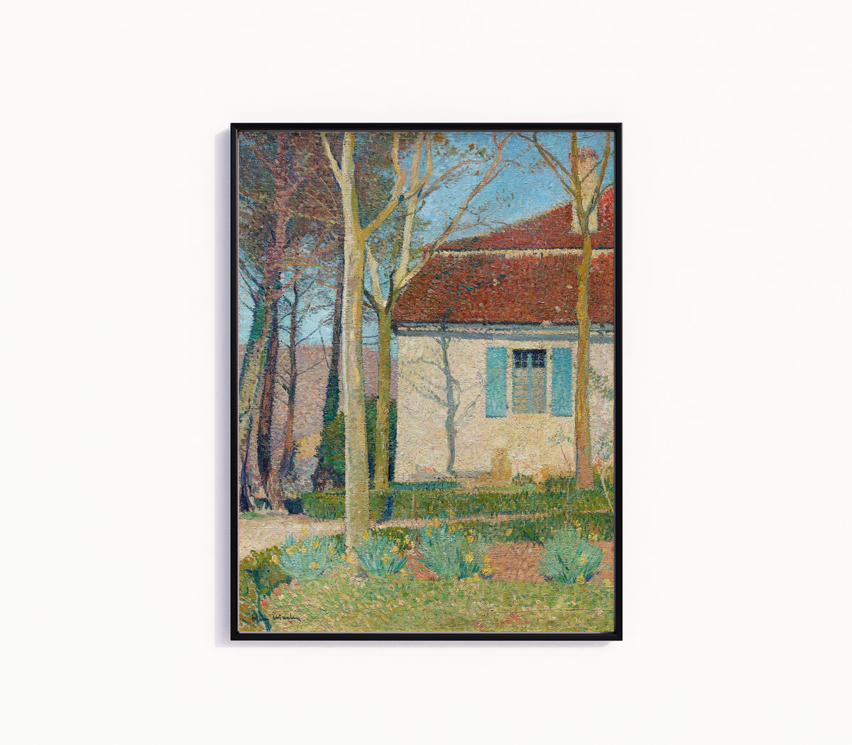 Framed art print of Corner of a House by Henri Martin, in a slim black frame on a plain white wall