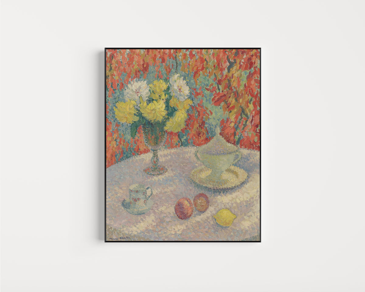 Framed art print of Dahlias au soleil by Henri Martin, in a slim black frame on a plain white wall