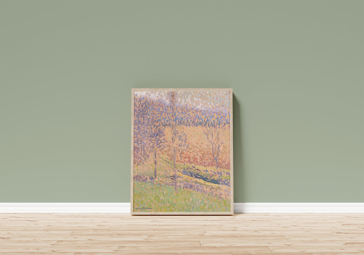 Framed art print of Dans le Brouillard by Henri Martin, in a light wood frame leaning on a sage green wall above a wooden floor