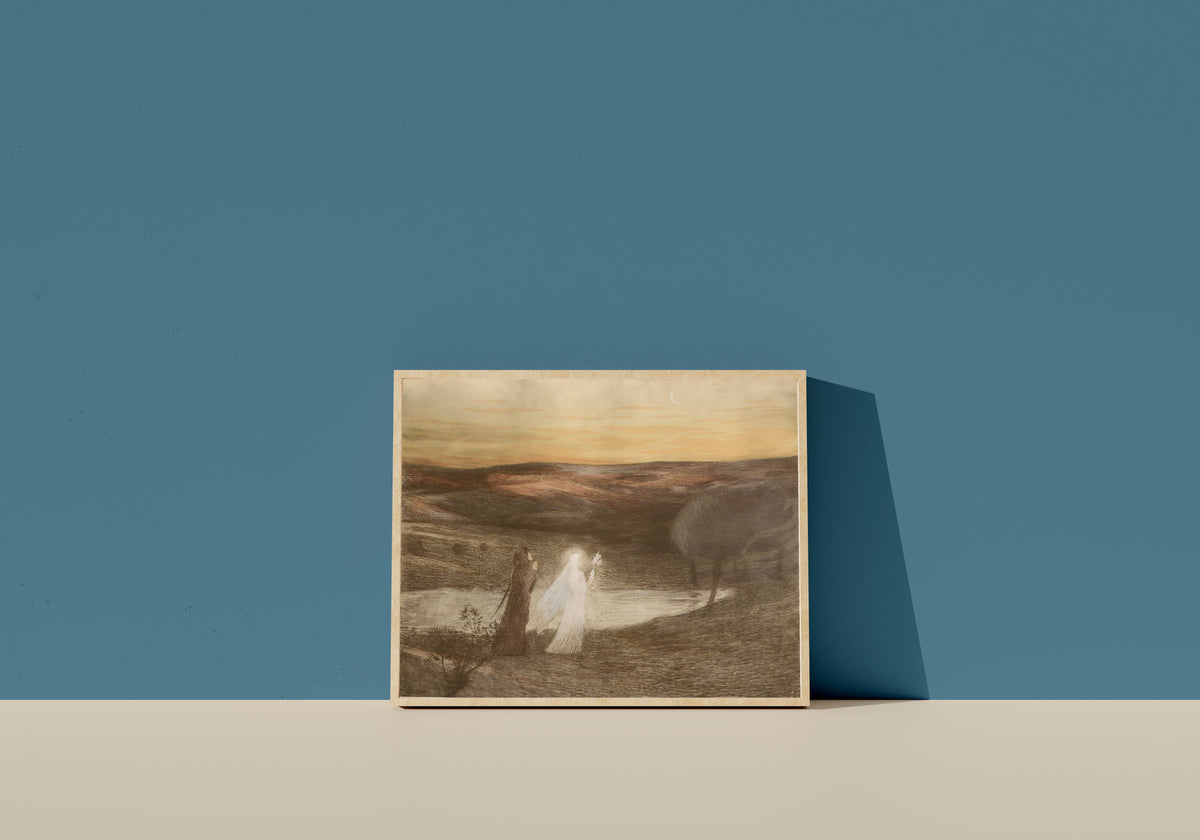 Framed art print of Dante rencontre Béatrix by Henri Martin, in a light wood frame leaning on a blue wall