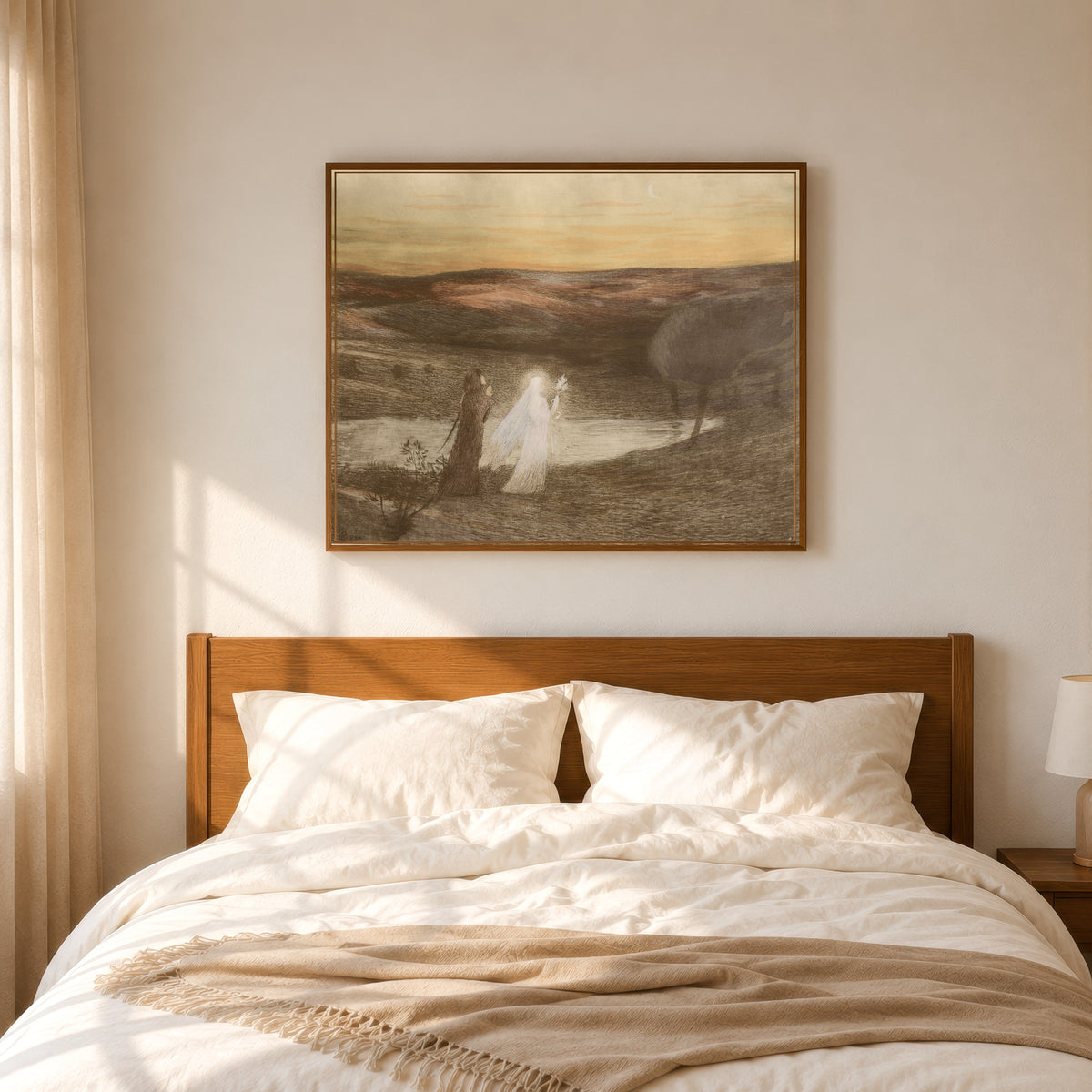 Framed art print of Dante rencontre Béatrix by Henri Martin, in a slim wood frame above a bed in a sunlit bedroom