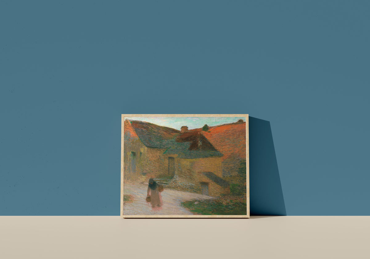 Framed art print of Derniers rayons, une ferme dans le Lot by Henri Martin, in a light wood frame leaning on a blue wall