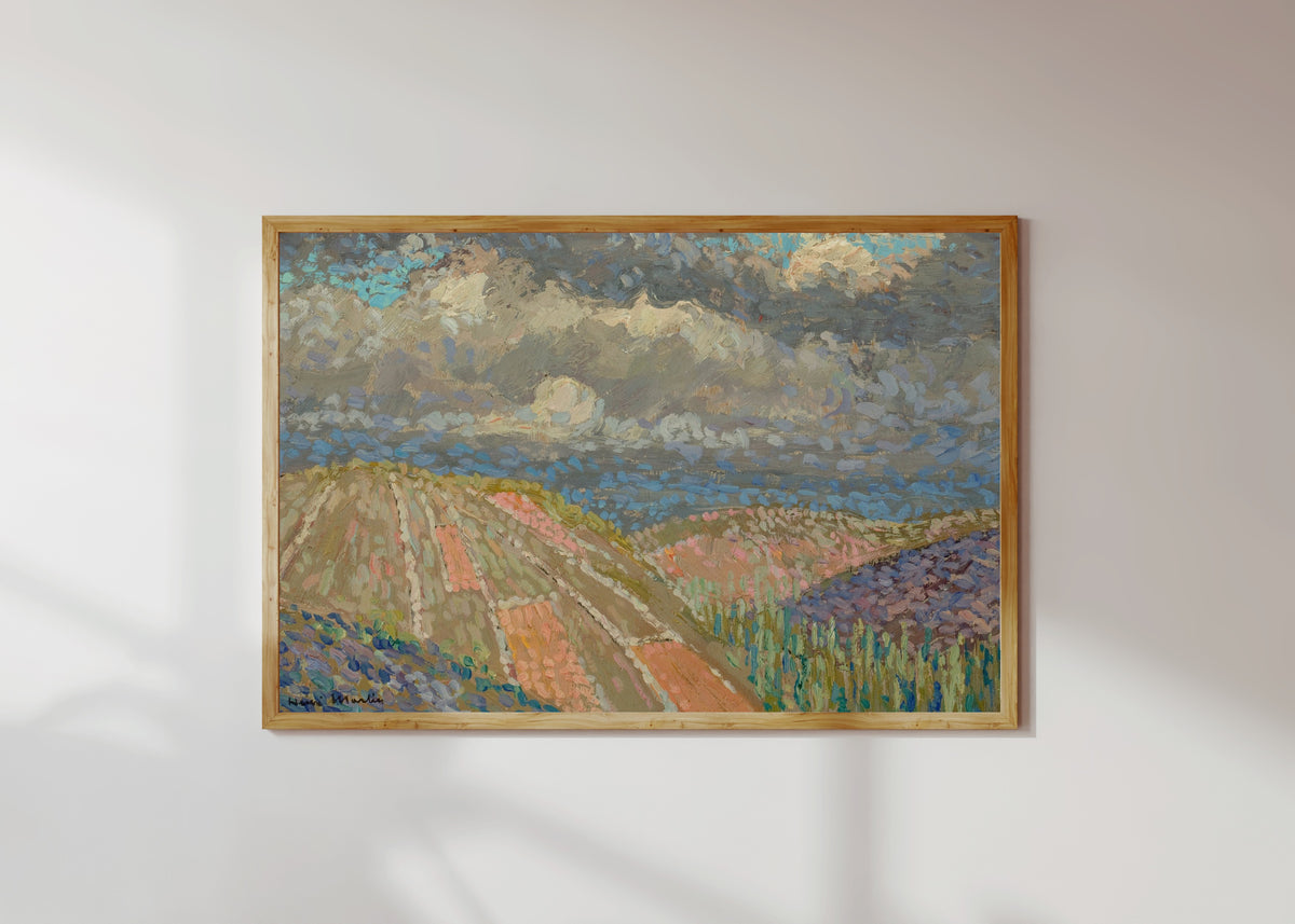 Framed art print of Étude de Causse du Lot by Henri Martin, in a light wood frame on a sunlit white wall