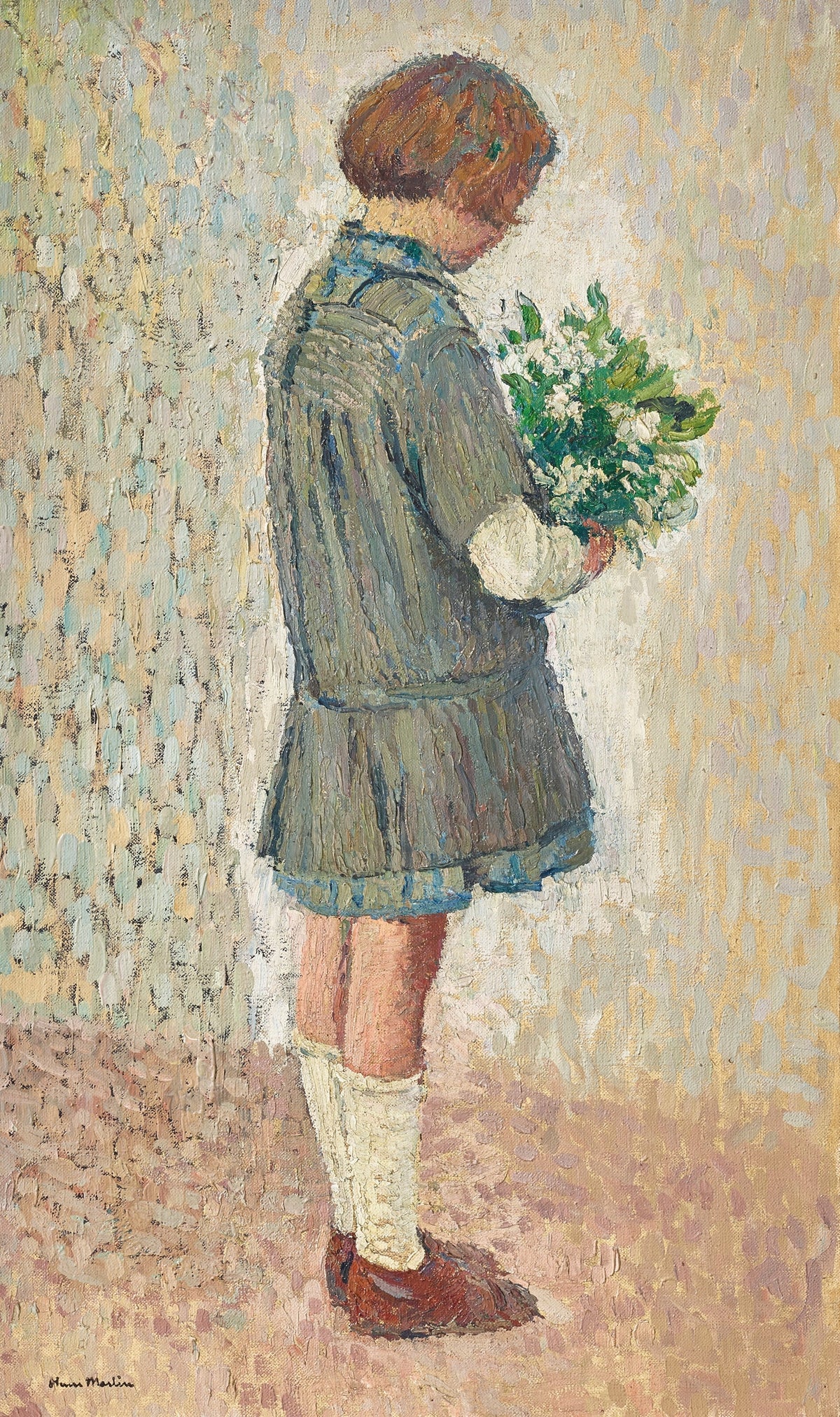 Henri Martin — Fillette en tablier d’écolière tenant un bouquet | Pointillist Portrait Print