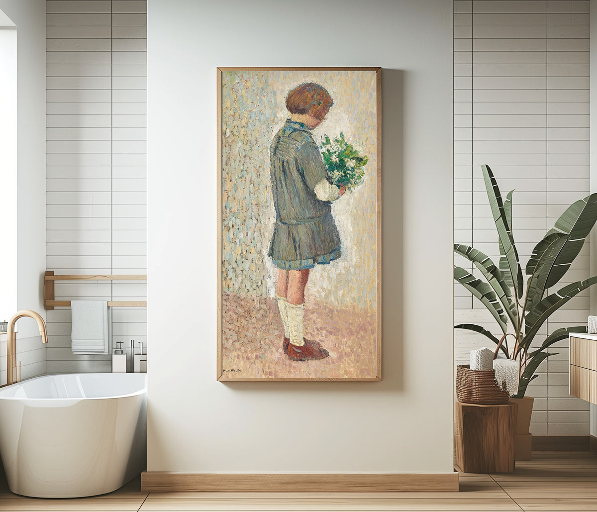 Framed art print of Fillette en tablier d’écolière tenant un bouquet by Henri Martin, in a bathroom beside a freestanding tub