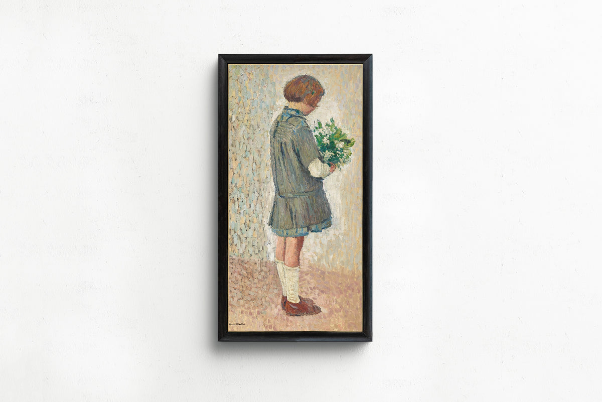 Framed art print of Fillette en tablier d’écolière tenant un bouquet by Henri Martin, in a slim black frame on a plain white wall