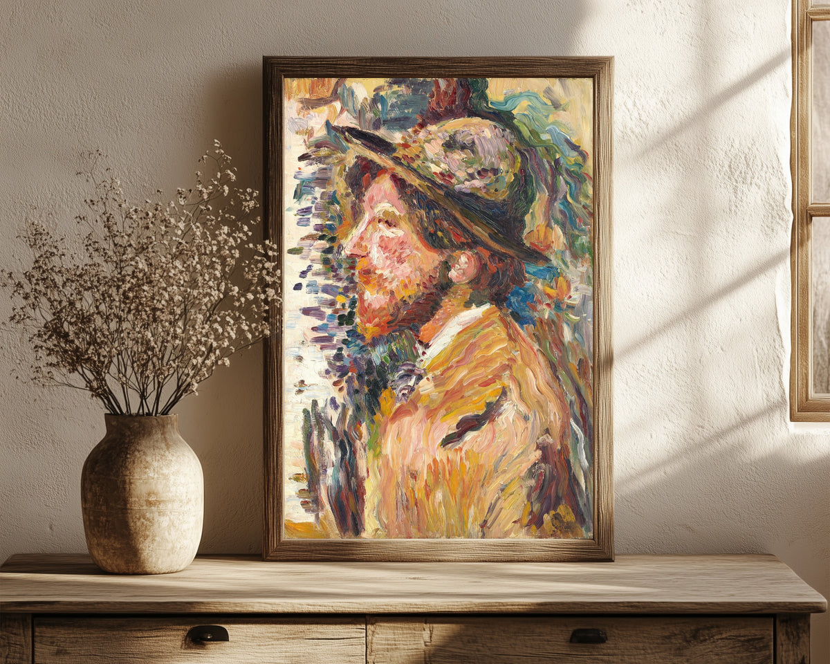 Framed art print of Homme en buste de profil by Henri Martin, in a dark wood frame leaning on a rustic console beside dried flowers