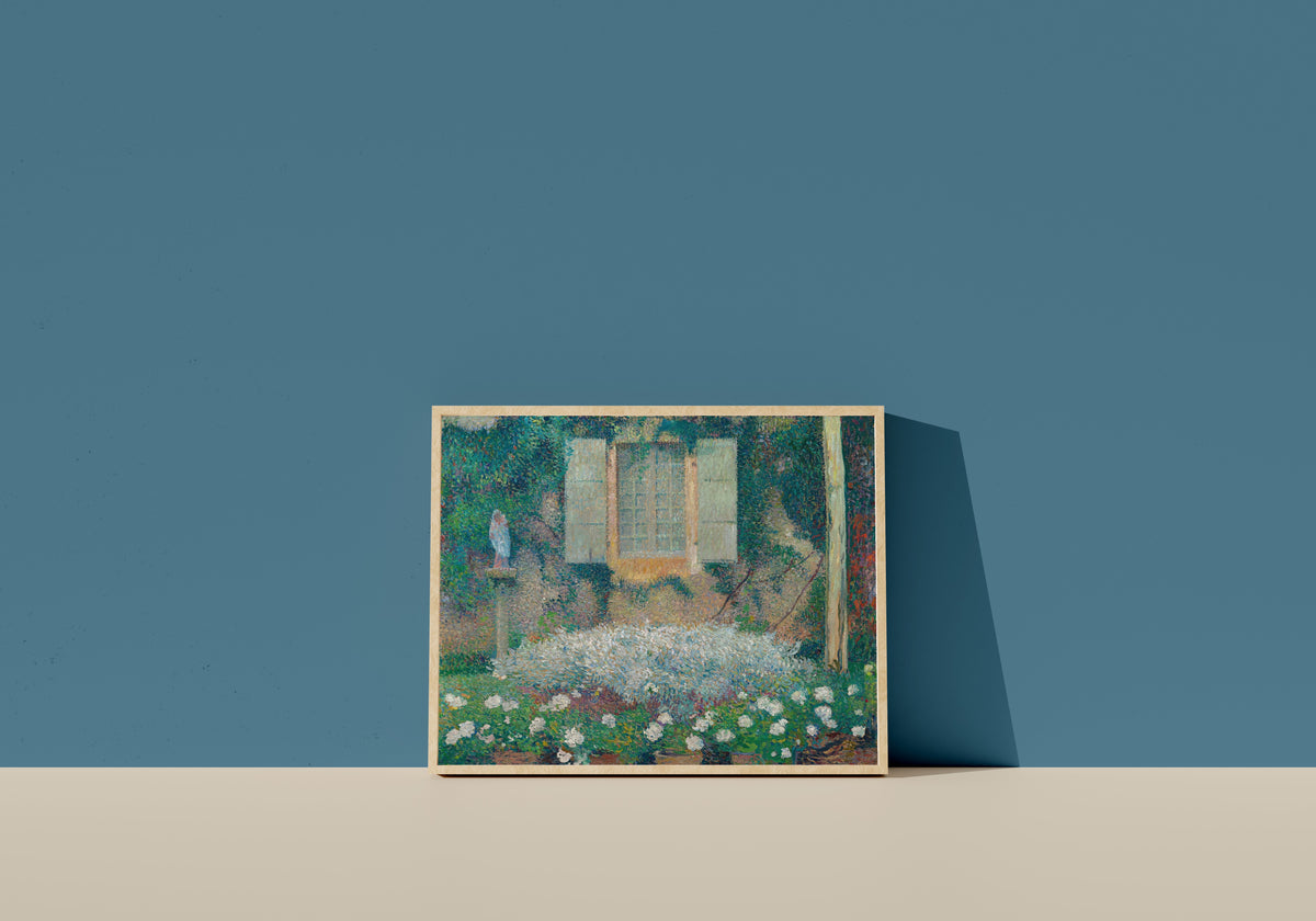 Framed art print of La Fenêtre de la cuisine sur le jardin à Marquayrol by Henri Martin, in a light wood frame leaning on a blue wall