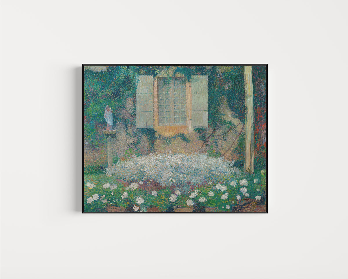 Framed art print of La Fenêtre de la cuisine sur le jardin à Marquayrol by Henri Martin, in a slim black frame on a plain white wall