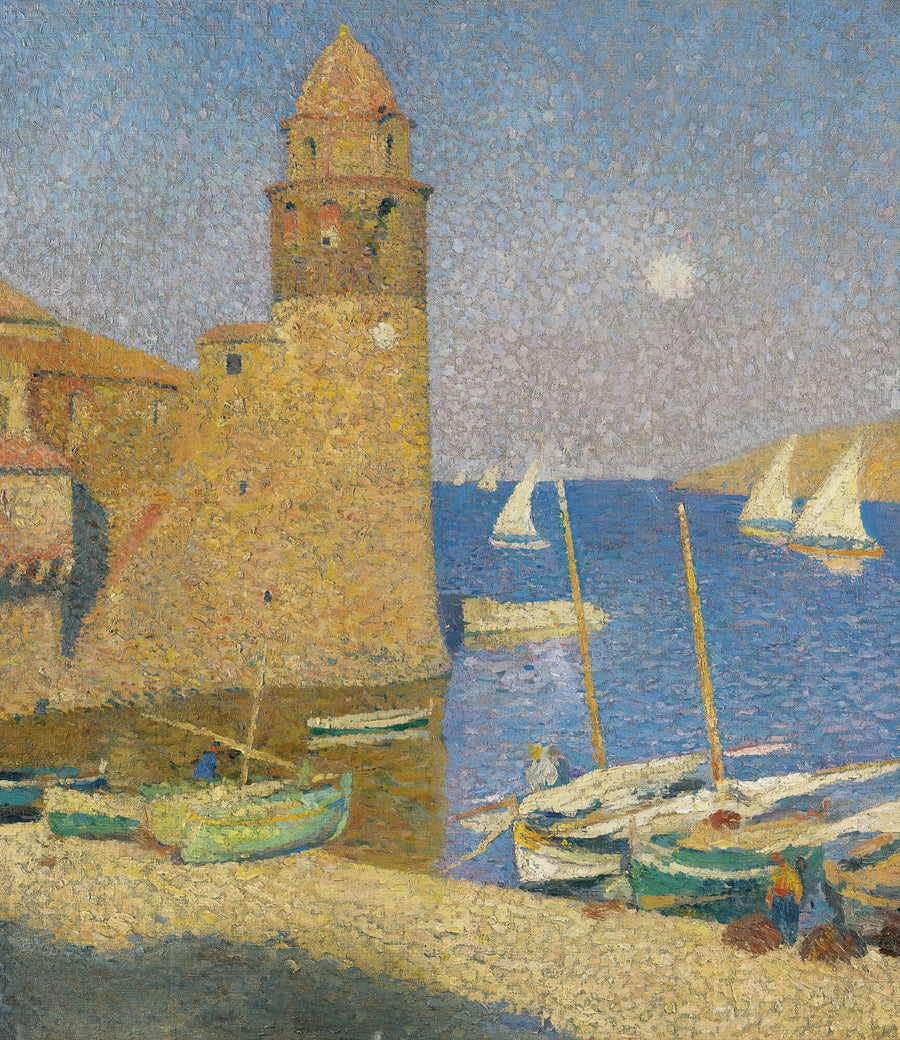 Henri Martin — La Tour de Collioure, lever de lune | Pointillist Landscape Print shown to scale on a wall above a sofa