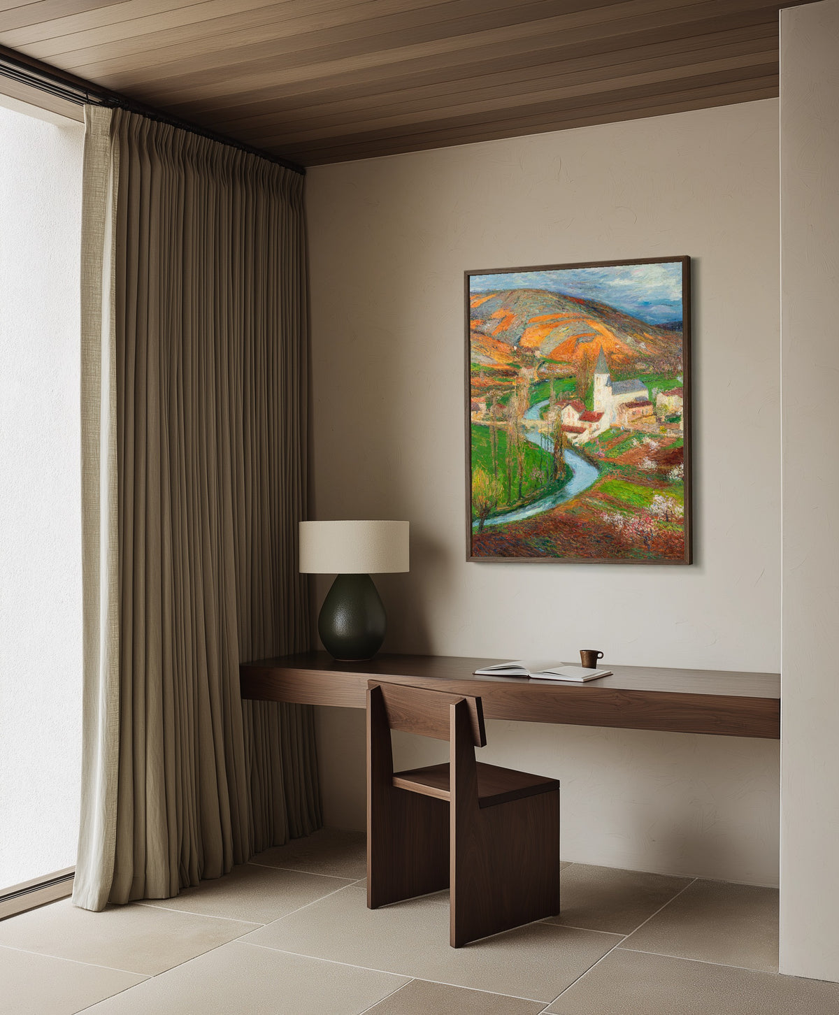 Framed art print of Labastide-du-Vert au printemps depuis le jardin de Marquayrol by Henri Martin, in a dark wood frame on a plaster wall above a walnut desk