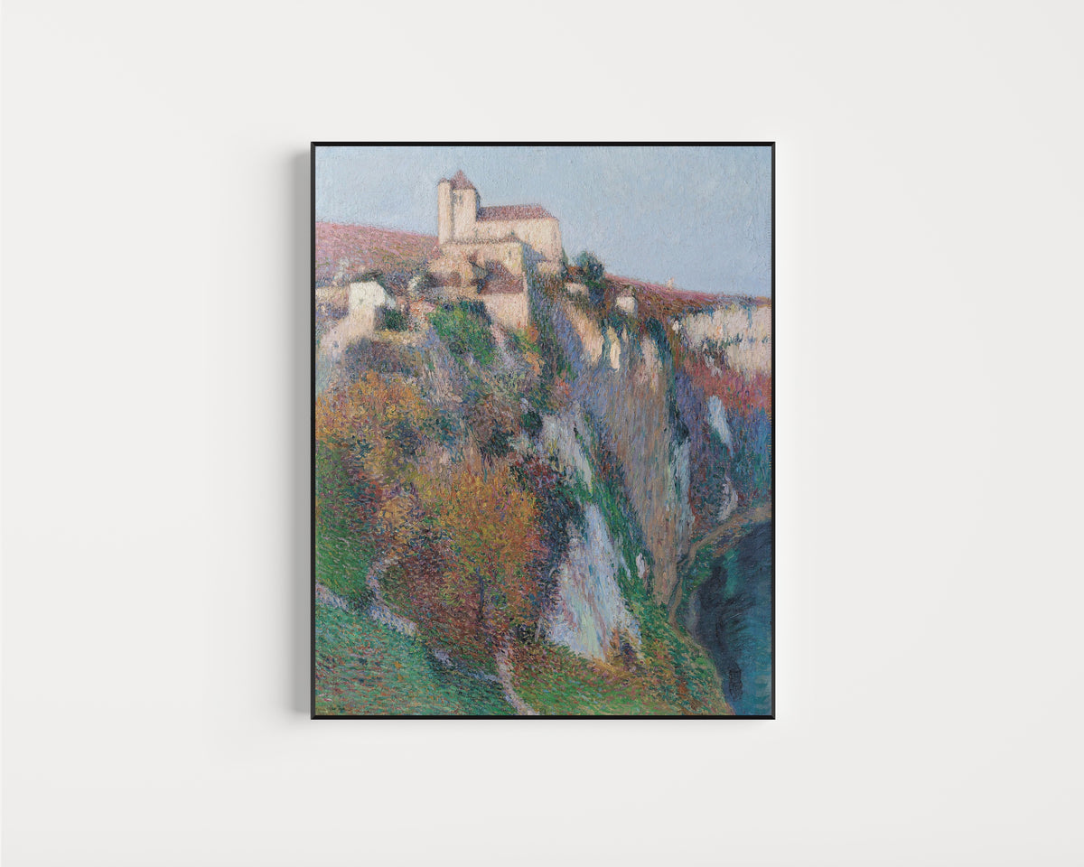 Framed art print of L'église Saint-Cirq Lapopie perchée sur la falaise de la boucle du Lot, ciel… by Henri Martin, in a slim black frame on a plain white wall