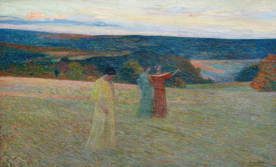 Henri Martin — Les Trois Muses | Symbolist Art Print shown to scale on a wall above a sofa