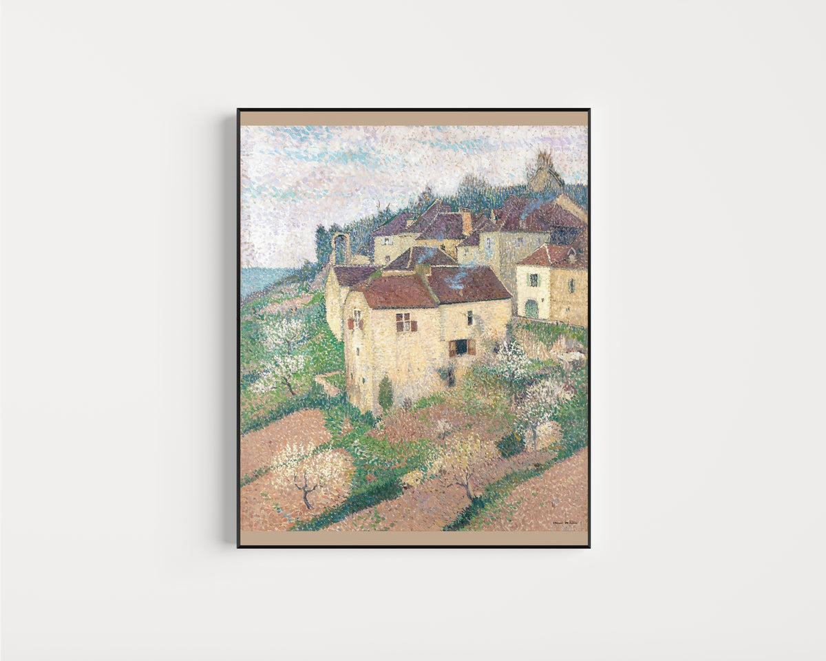 Framed art print of Maisons à Saint-Cirq-Lapopie by Henri Martin, in a slim black frame on a plain white wall