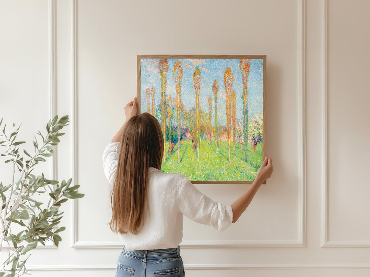 Framed art print of Prairie ensoleillée aux peupliers by Henri Martin, hung on a panelled wall