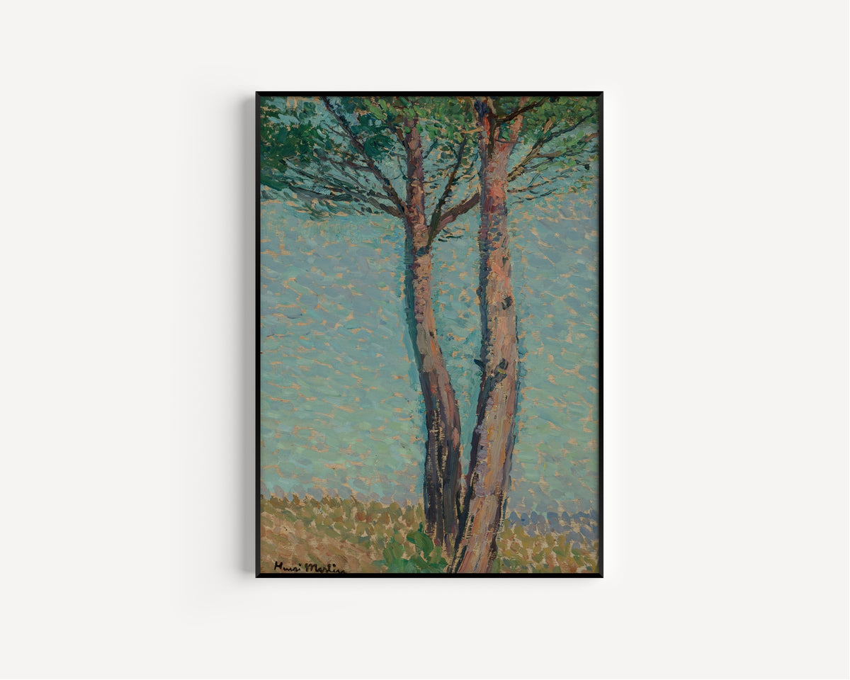 Framed art print of Un pin by Henri Martin, in a slim black frame on a plain white wall