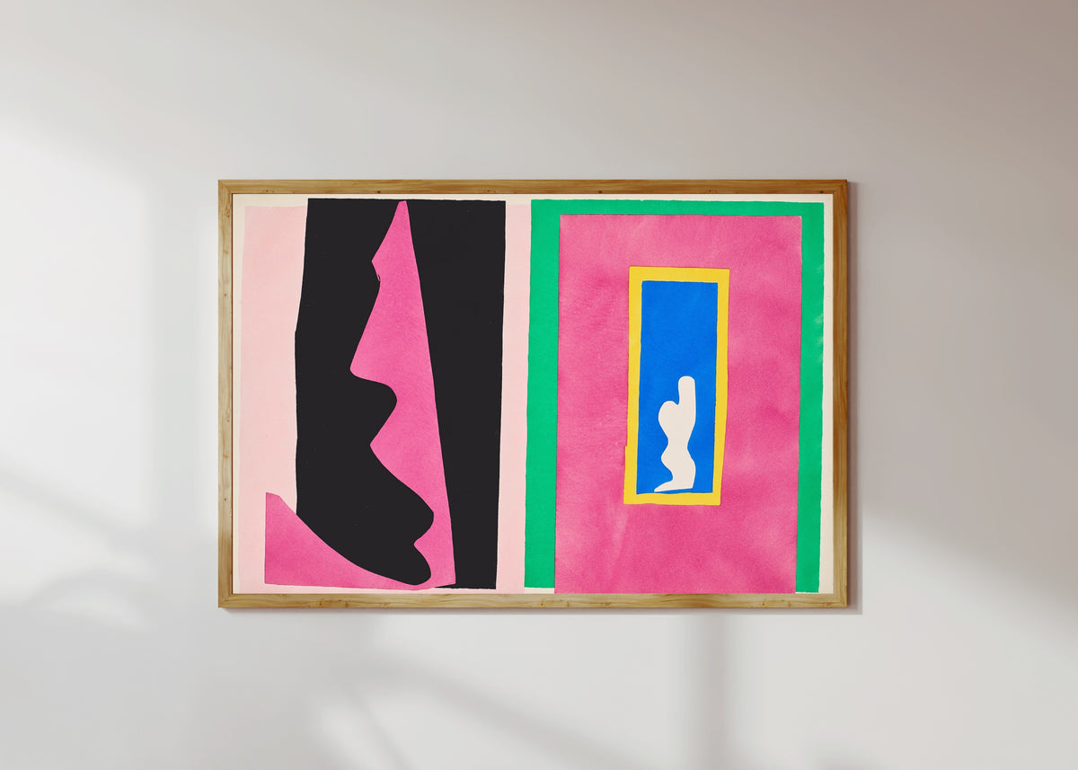 Framed art print of Destiny by Henri Matisse, in a light wood frame on a sunlit white wall