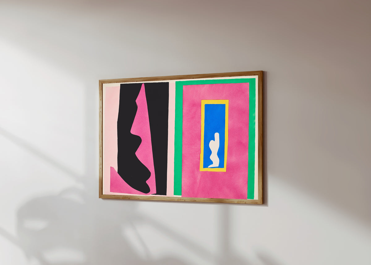 Framed art print of Destiny by Henri Matisse, in a light wood frame on a sunlit white wall, seen at a slight angle