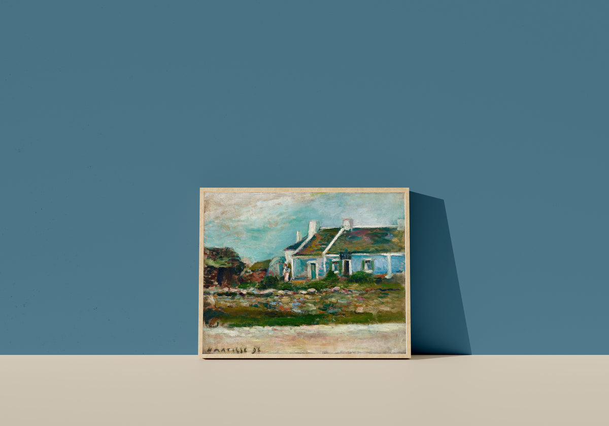 Framed art print of Entrance to a Breton Tavern by Henri Matisse, in a light wood frame leaning on a blue wall
