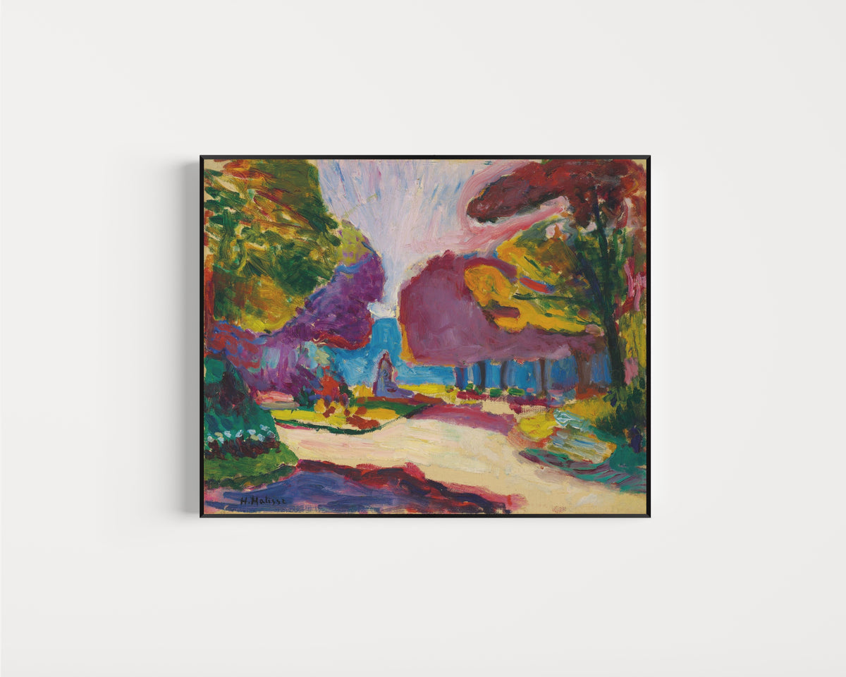 Framed art print of Jardin du Luxembourg, Paris by Henri Matisse, in a slim black frame on a plain white wall