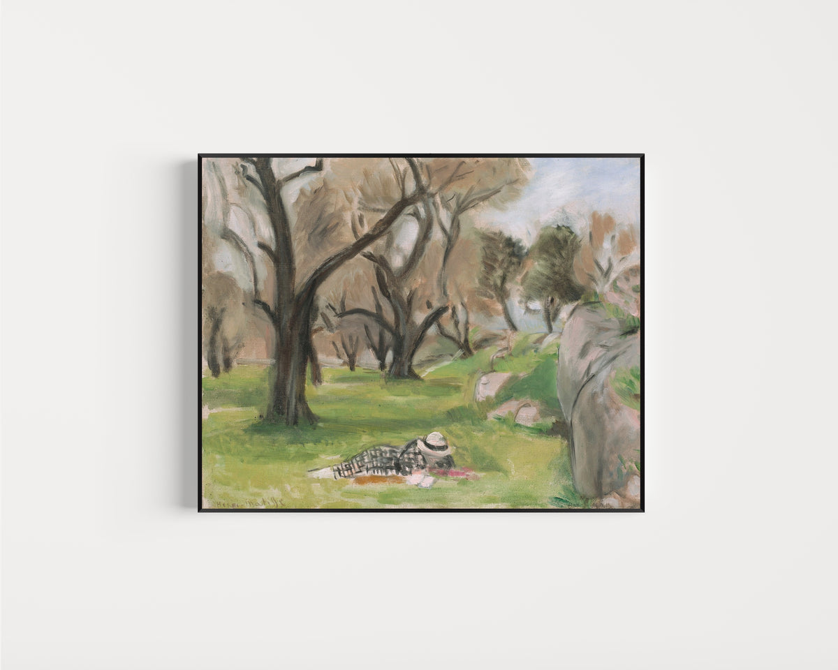 Framed art print of Landscape of the Midi by Henri Matisse, in a slim black frame on a plain white wall